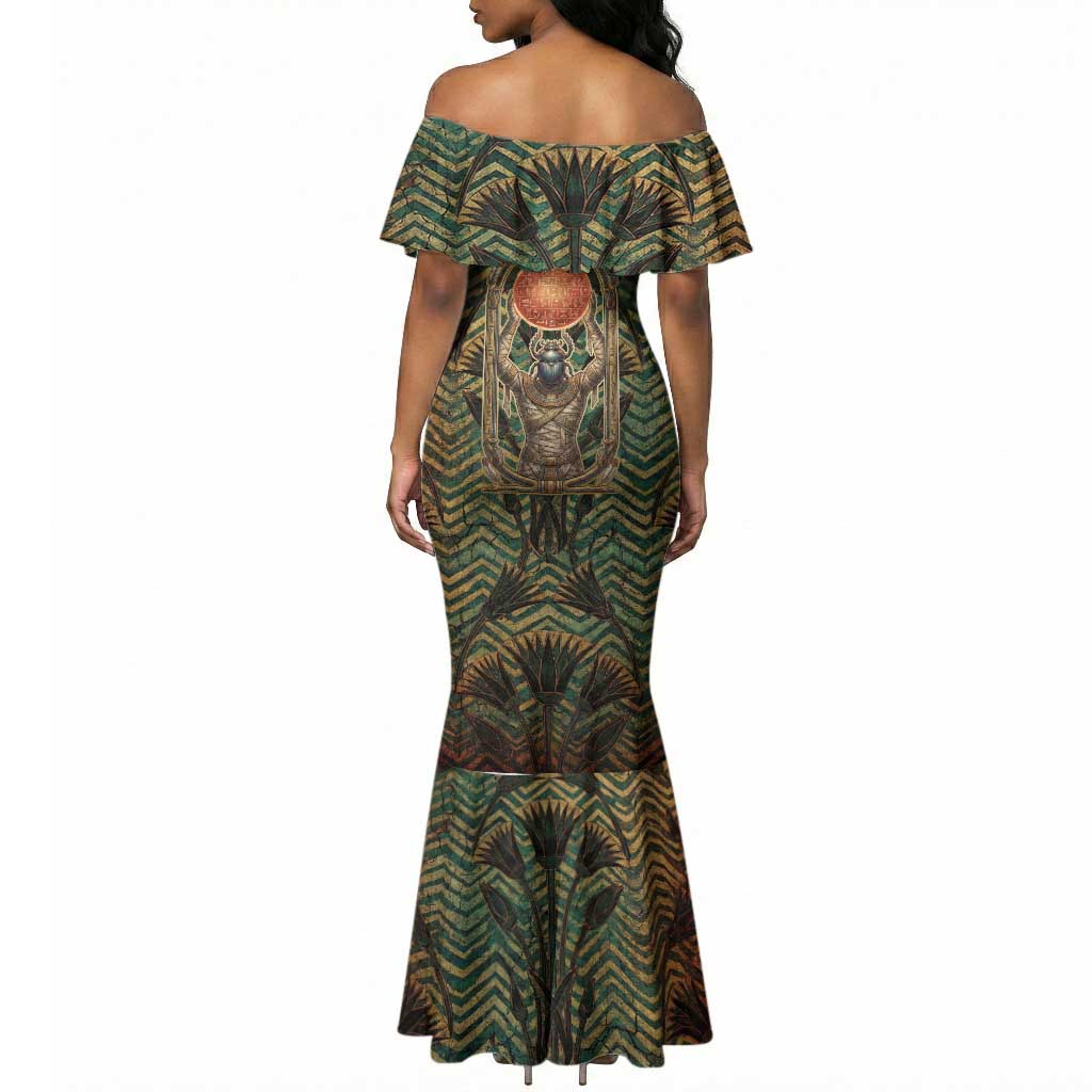 Khepri Mermaid Dress Ancient Egyptian Chevron, Scarab Ankh and Winged Khepri Guardian Motif - Wonder Print Shop