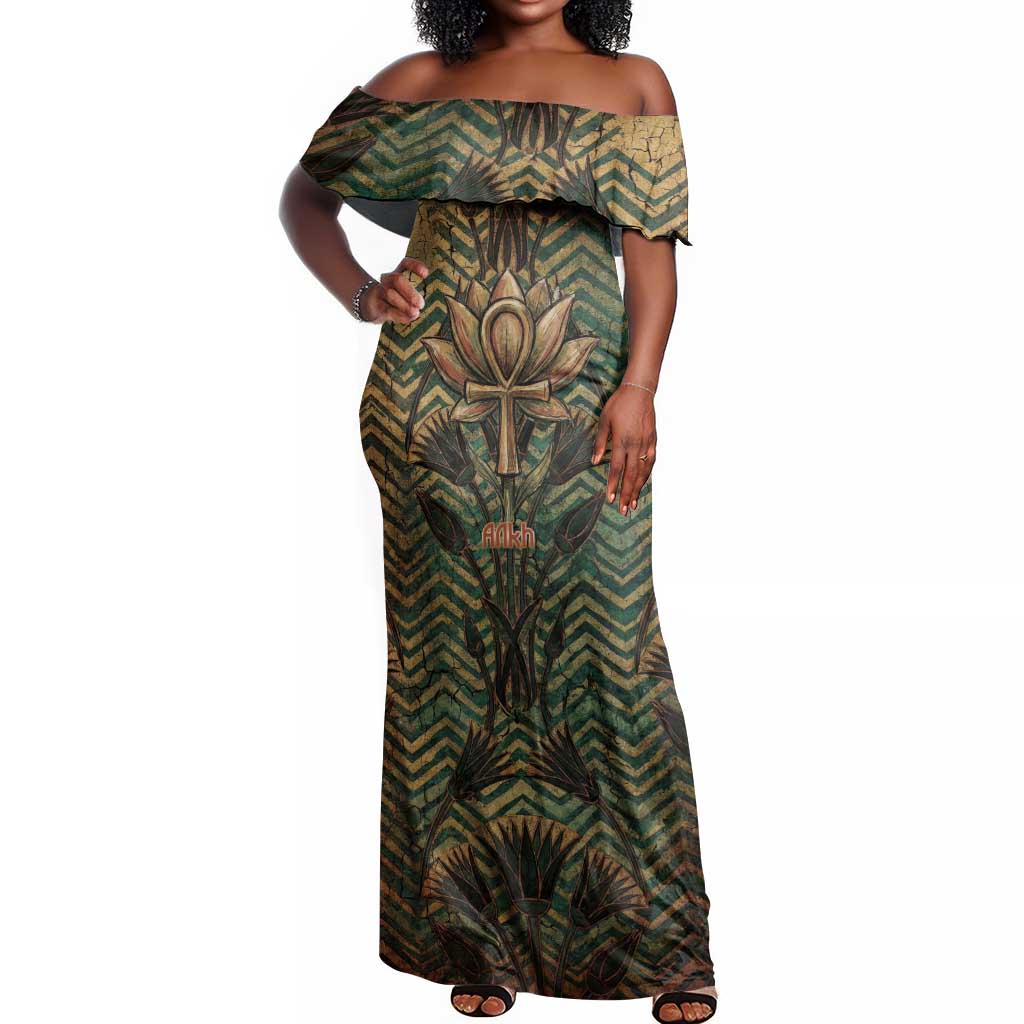 Khepri Off Shoulder Maxi Dress Ancient Egyptian Chevron, Scarab Ankh and Winged Khepri Guardian Motif - Wonder Print Shop