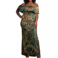 Khepri Off Shoulder Maxi Dress Ancient Egyptian Chevron, Scarab Ankh and Winged Khepri Guardian Motif - Wonder Print Shop