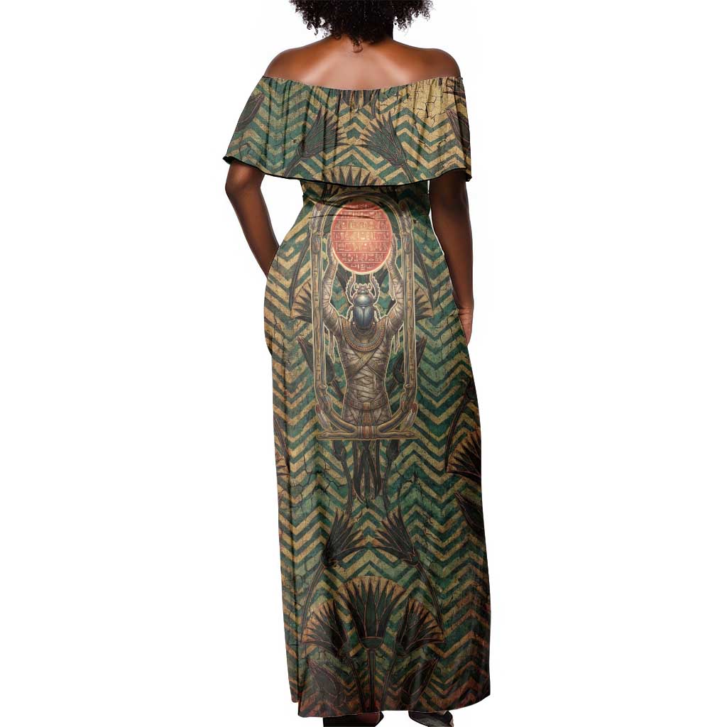 Khepri Off Shoulder Maxi Dress Ancient Egyptian Chevron, Scarab Ankh and Winged Khepri Guardian Motif - Wonder Print Shop