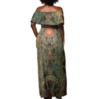 Khepri Off Shoulder Maxi Dress Ancient Egyptian Chevron, Scarab Ankh and Winged Khepri Guardian Motif - Wonder Print Shop