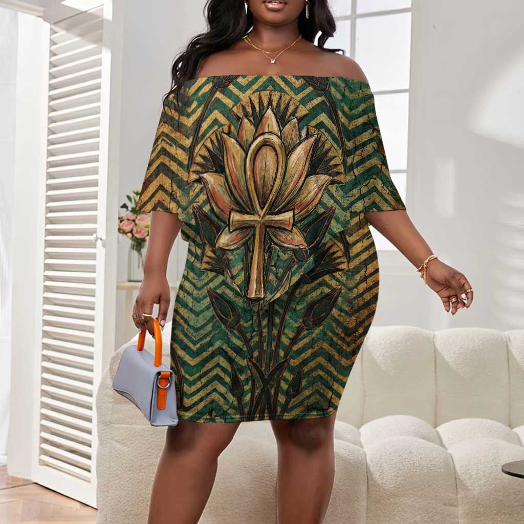 Khepri Off Shoulder Short Dress Ancient Egyptian Chevron, Scarab Ankh and Winged Khepri Guardian Motif - Wonder Print Shop