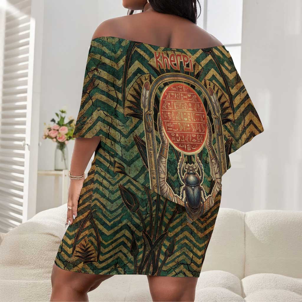 Khepri Off Shoulder Short Dress Ancient Egyptian Chevron, Scarab Ankh and Winged Khepri Guardian Motif - Wonder Print Shop