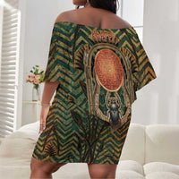 Khepri Off Shoulder Short Dress Ancient Egyptian Chevron, Scarab Ankh and Winged Khepri Guardian Motif - Wonder Print Shop