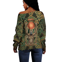 Khepri Off Shoulder Sweater Ancient Egyptian Chevron, Scarab Ankh and Winged Khepri Guardian Motif - Wonder Print Shop
