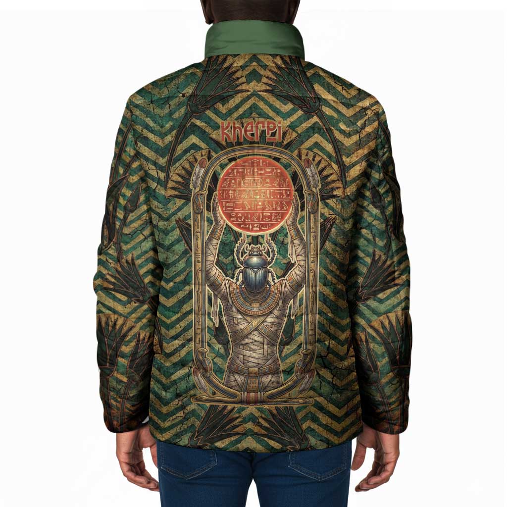 Khepri Padded Jacket Ancient Egyptian Chevron, Scarab Ankh and Winged Khepri Guardian Motif - Wonder Print Shop