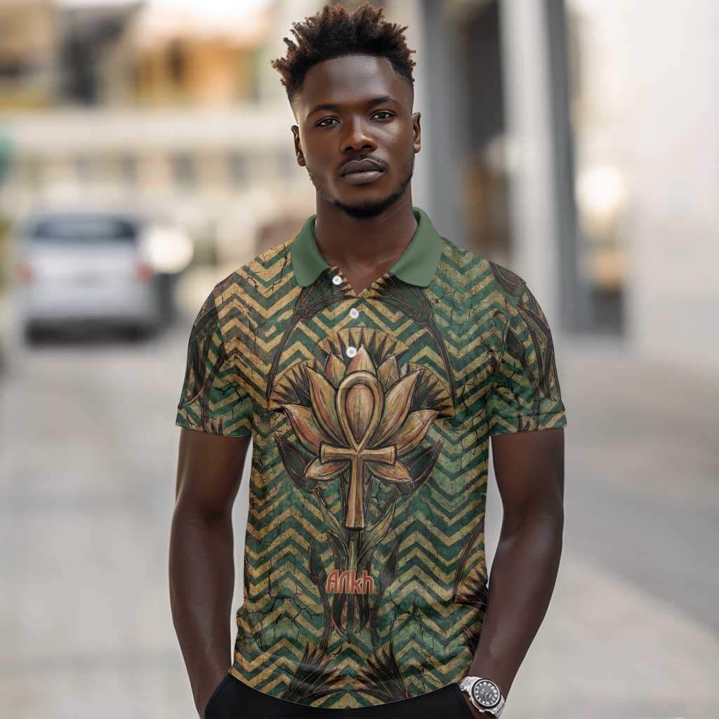 Khepri Polo Shirt Ancient Egyptian Chevron, Scarab Ankh and Winged Khepri Guardian Motif - Wonder Print Shop