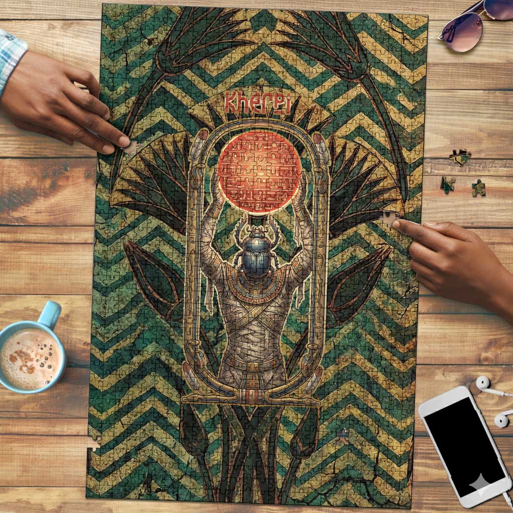 Khepri Puzzle Ancient Egyptian Chevron, Scarab Ankh and Winged Khepri Guardian Motif - Wonder Print Shop