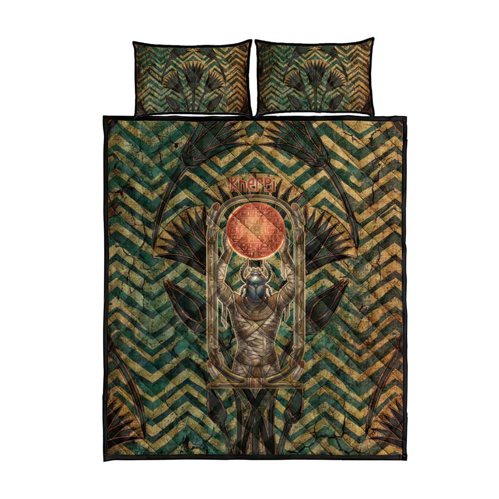 Khepri Quilt Bed Set Ancient Egyptian Chevron, Scarab Ankh and Winged Khepri Guardian Motif - Wonder Print Shop