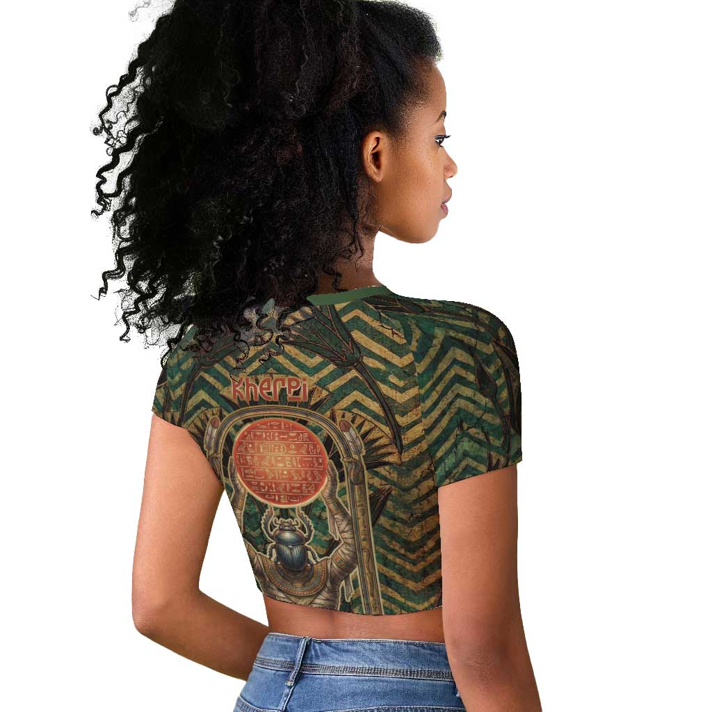Khepri Raglan Cropped T shirt Ancient Egyptian Chevron, Scarab Ankh and Winged Khepri Guardian Motif - Wonder Print Shop