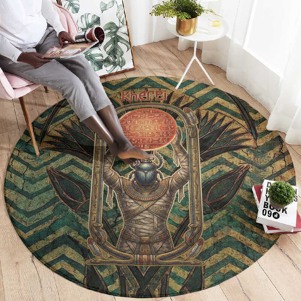 Khepri Round Carpet Ancient Egyptian Chevron, Scarab Ankh and Winged Khepri Guardian Motif - Wonder Print Shop