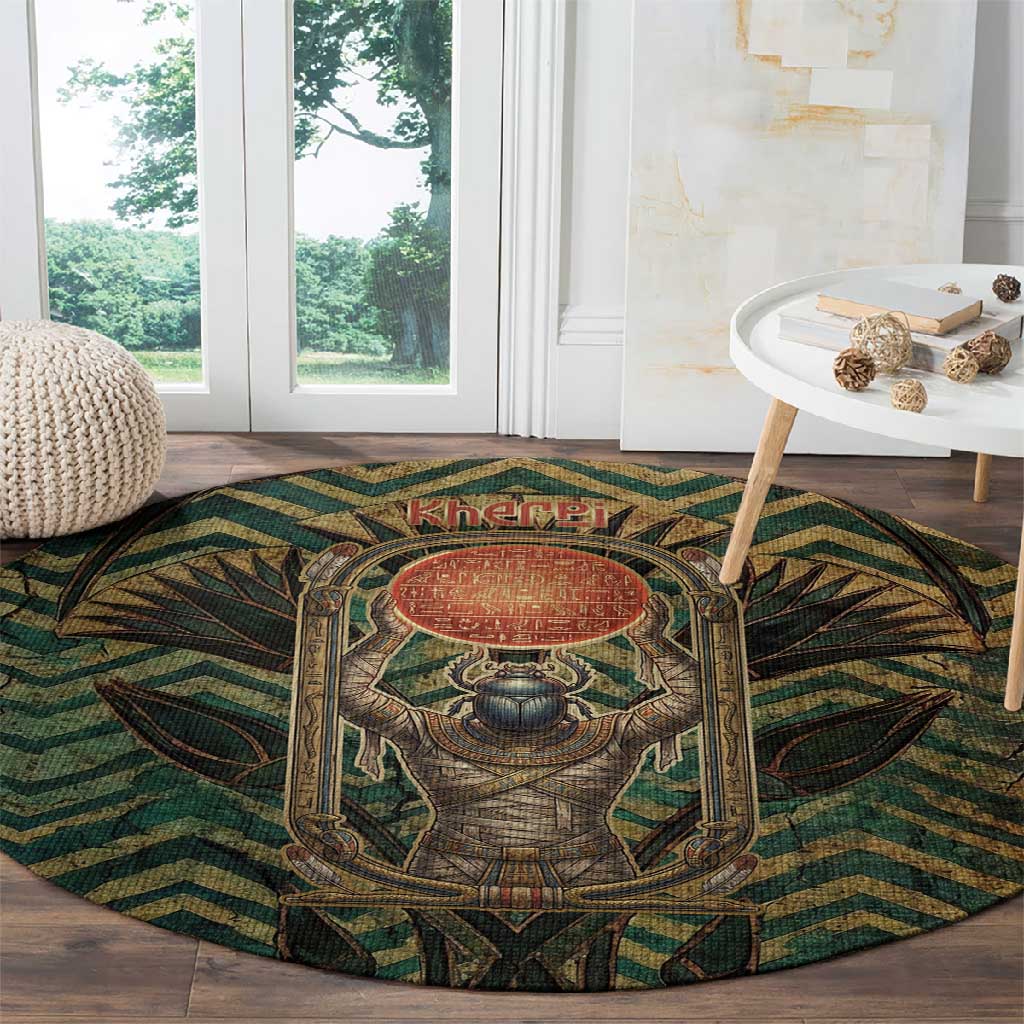 Khepri Round Carpet Ancient Egyptian Chevron, Scarab Ankh and Winged Khepri Guardian Motif - Wonder Print Shop