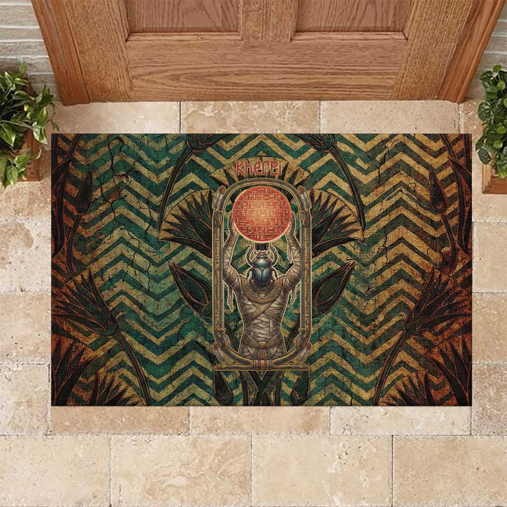 Khepri Rubber Doormat Ancient Egyptian Chevron, Scarab Ankh and Winged Khepri Guardian Motif - Wonder Print Shop