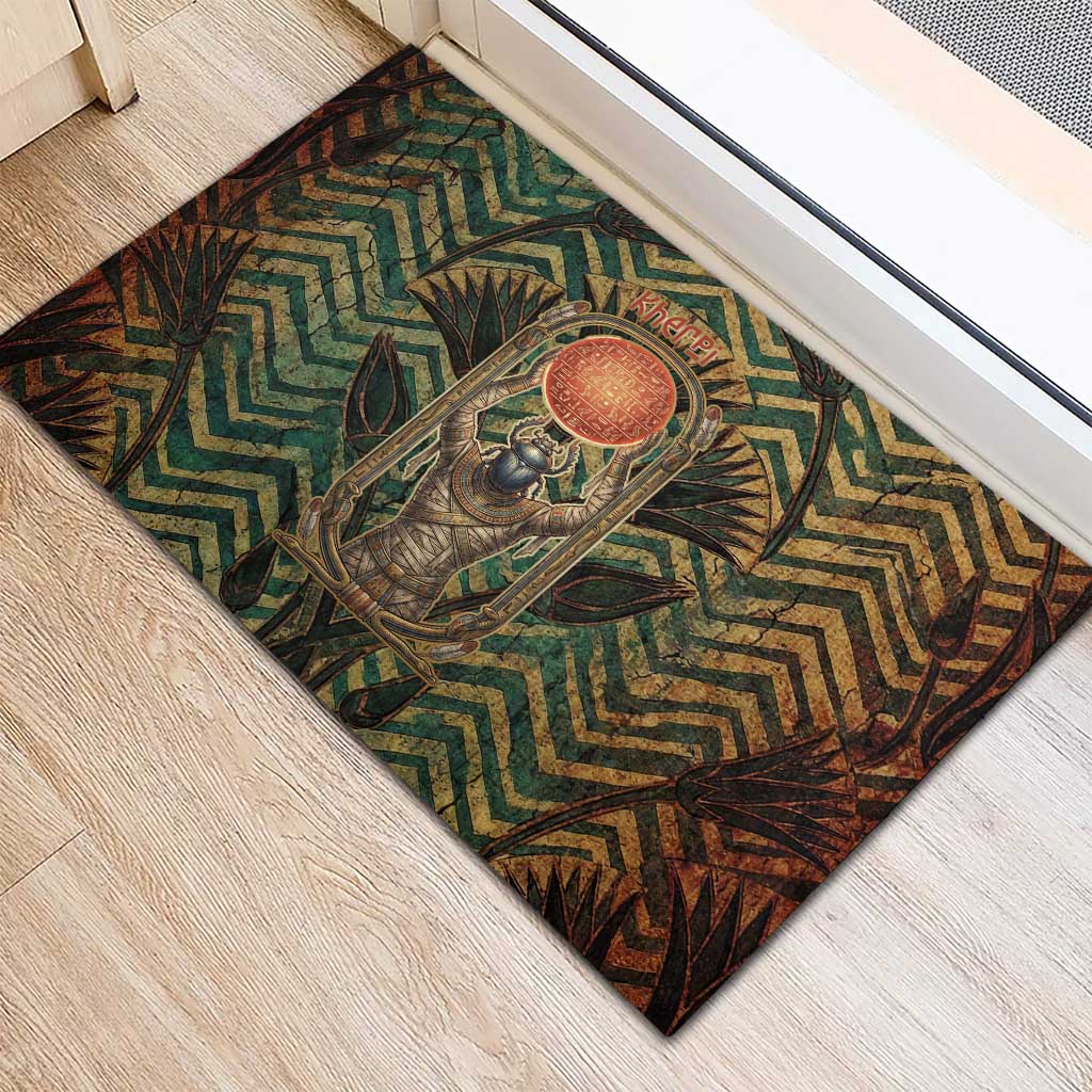 Khepri Rubber Doormat Ancient Egyptian Chevron, Scarab Ankh and Winged Khepri Guardian Motif - Wonder Print Shop