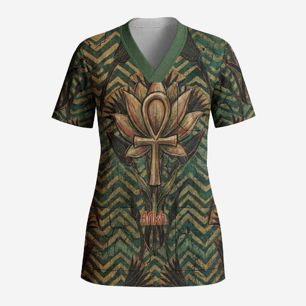 Khepri Scrub Top Ancient Egyptian Chevron, Scarab Ankh and Winged Khepri Guardian Motif - Wonder Print Shop