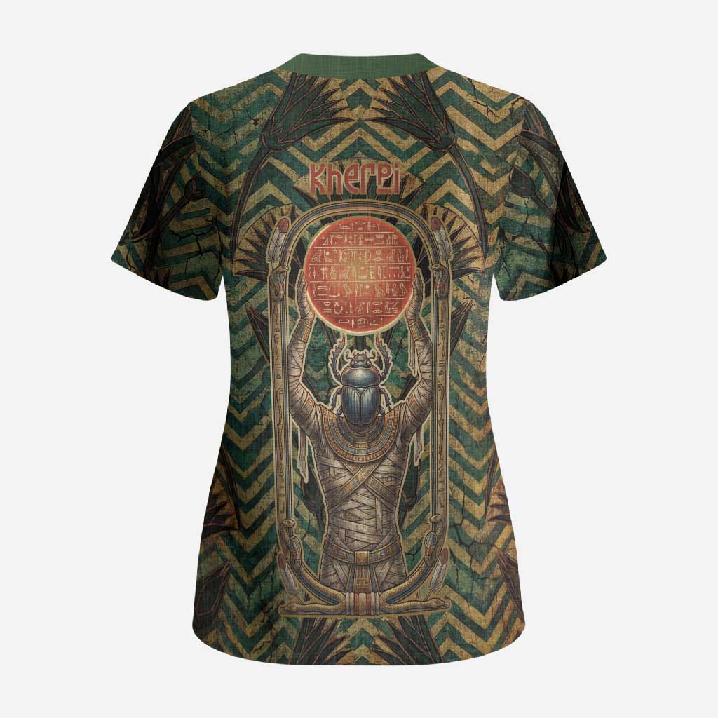 Khepri Scrub Top Ancient Egyptian Chevron, Scarab Ankh and Winged Khepri Guardian Motif - Wonder Print Shop