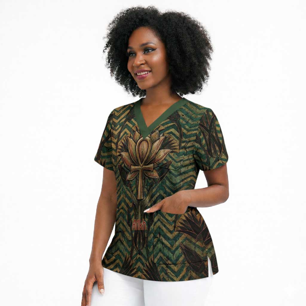 Khepri Scrub Top Ancient Egyptian Chevron, Scarab Ankh and Winged Khepri Guardian Motif - Wonder Print Shop