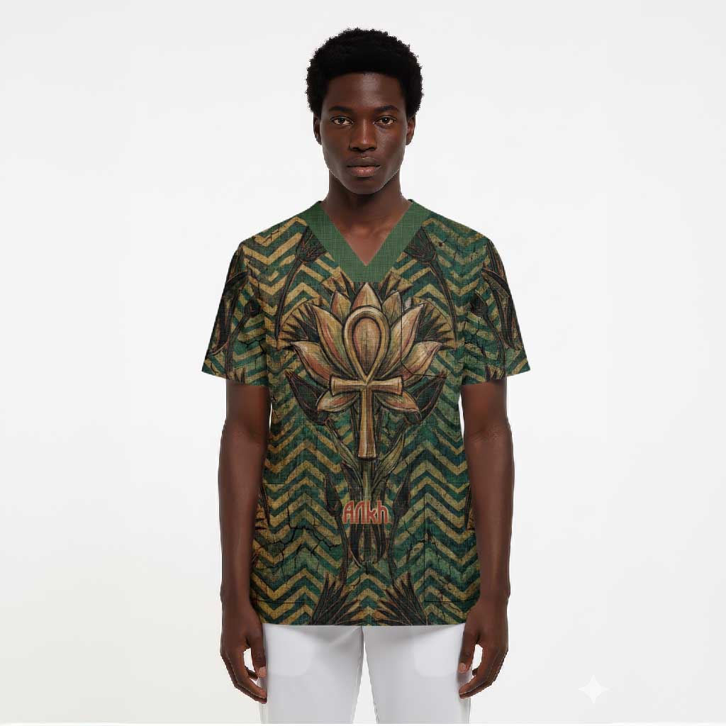 Khepri Scrub Top Ancient Egyptian Chevron, Scarab Ankh and Winged Khepri Guardian Motif - Wonder Print Shop