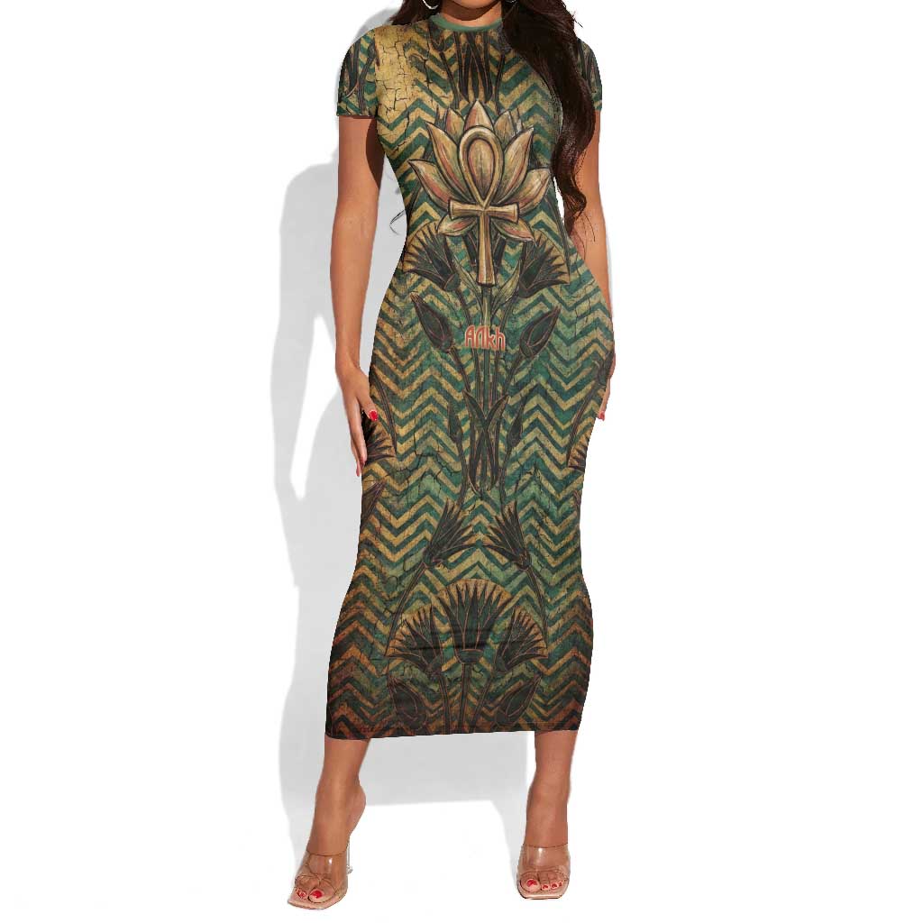 Khepri Short Sleeve Bodycon Dress Ancient Egyptian Chevron, Scarab Ankh and Winged Khepri Guardian Motif - Wonder Print Shop