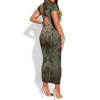 Khepri Short Sleeve Bodycon Dress Ancient Egyptian Chevron, Scarab Ankh and Winged Khepri Guardian Motif - Wonder Print Shop