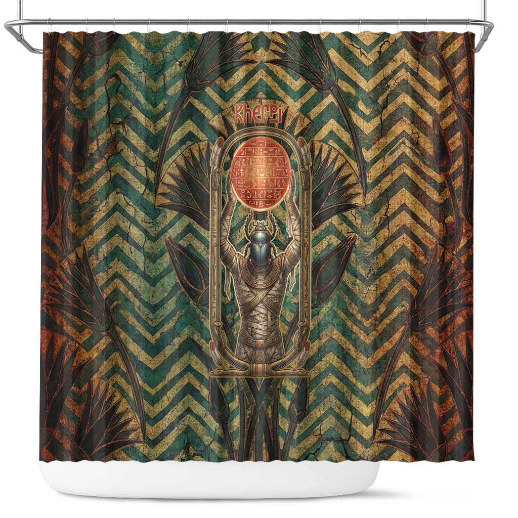 Khepri Shower Curtain Ancient Egyptian Chevron, Scarab Ankh and Winged Khepri Guardian Motif - Wonder Print Shop