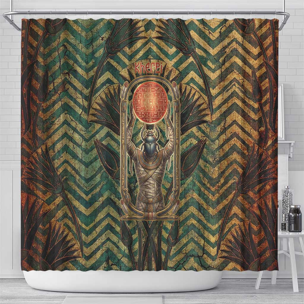 Khepri Shower Curtain Ancient Egyptian Chevron, Scarab Ankh and Winged Khepri Guardian Motif - Wonder Print Shop