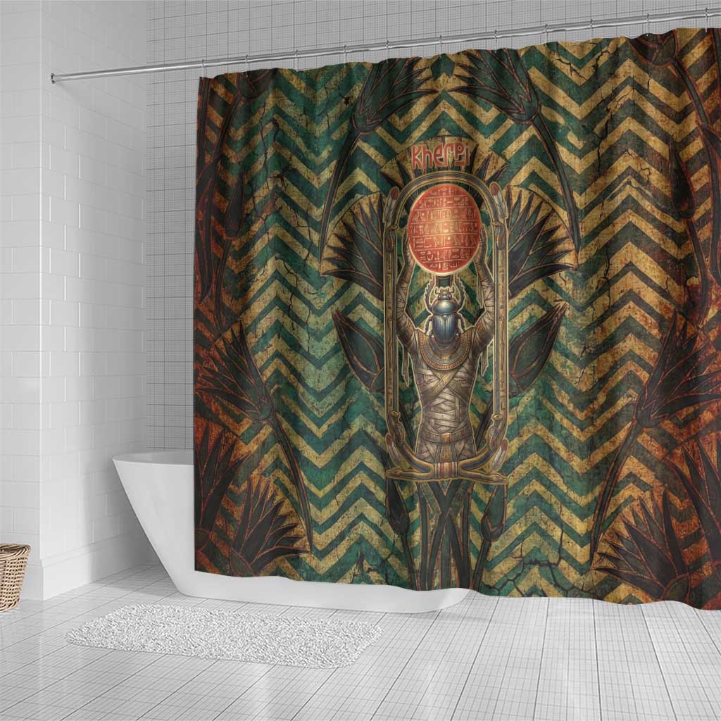 Khepri Shower Curtain Ancient Egyptian Chevron, Scarab Ankh and Winged Khepri Guardian Motif - Wonder Print Shop