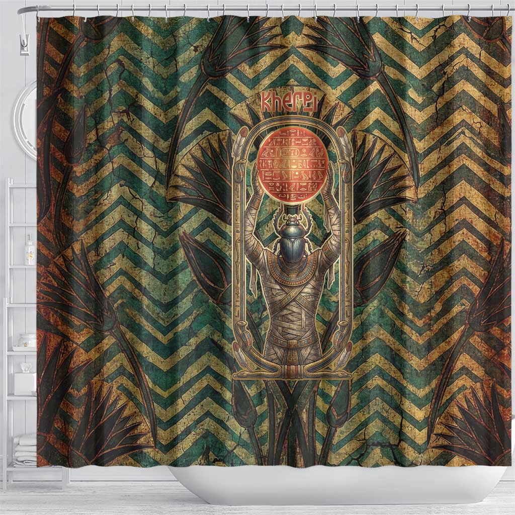 Khepri Shower Curtain Ancient Egyptian Chevron, Scarab Ankh and Winged Khepri Guardian Motif - Wonder Print Shop