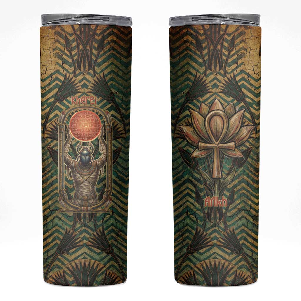Khepri Skinny Tumbler Ancient Egyptian Chevron, Scarab Ankh and Winged Khepri Guardian Motif - Wonder Print Shop