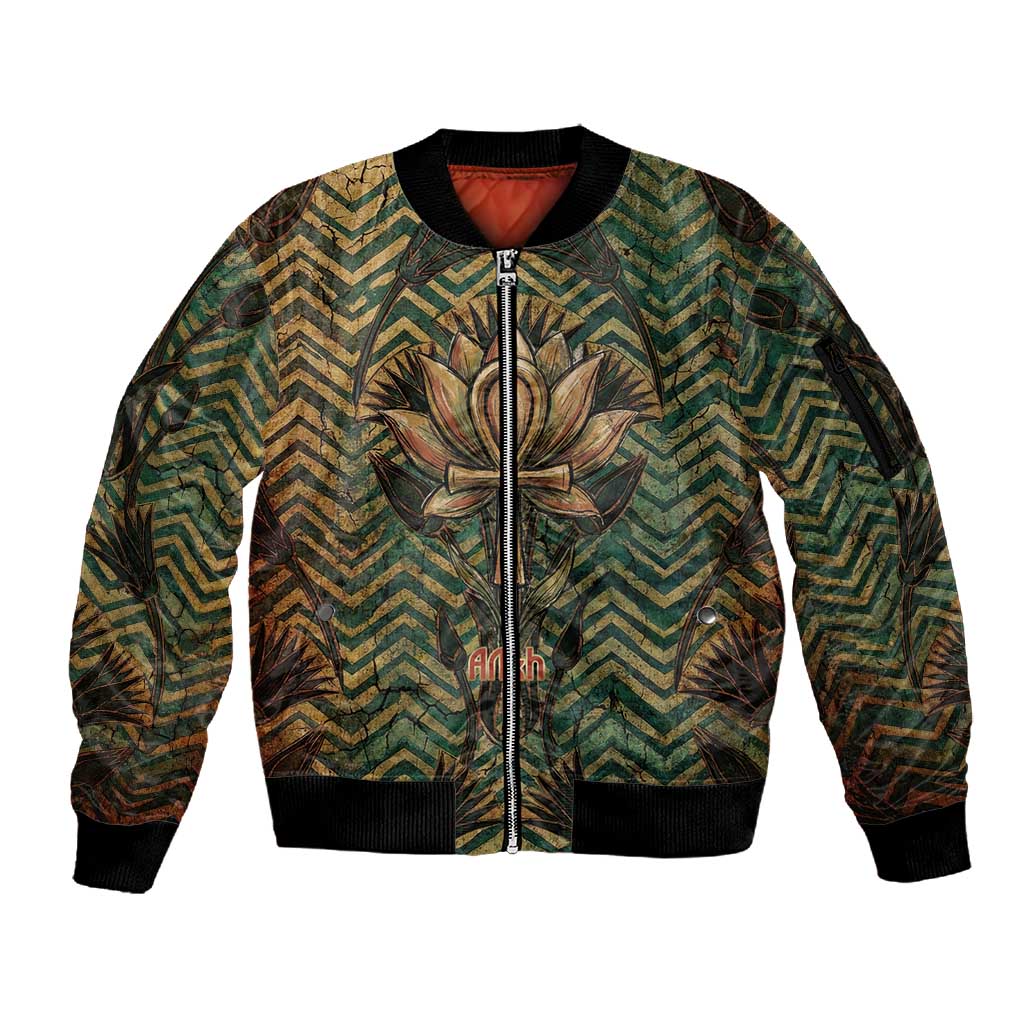 Khepri Sleeve Zip Bomber Jacket Ancient Egyptian Chevron, Scarab Ankh and Winged Khepri Guardian Motif - Wonder Print Shop