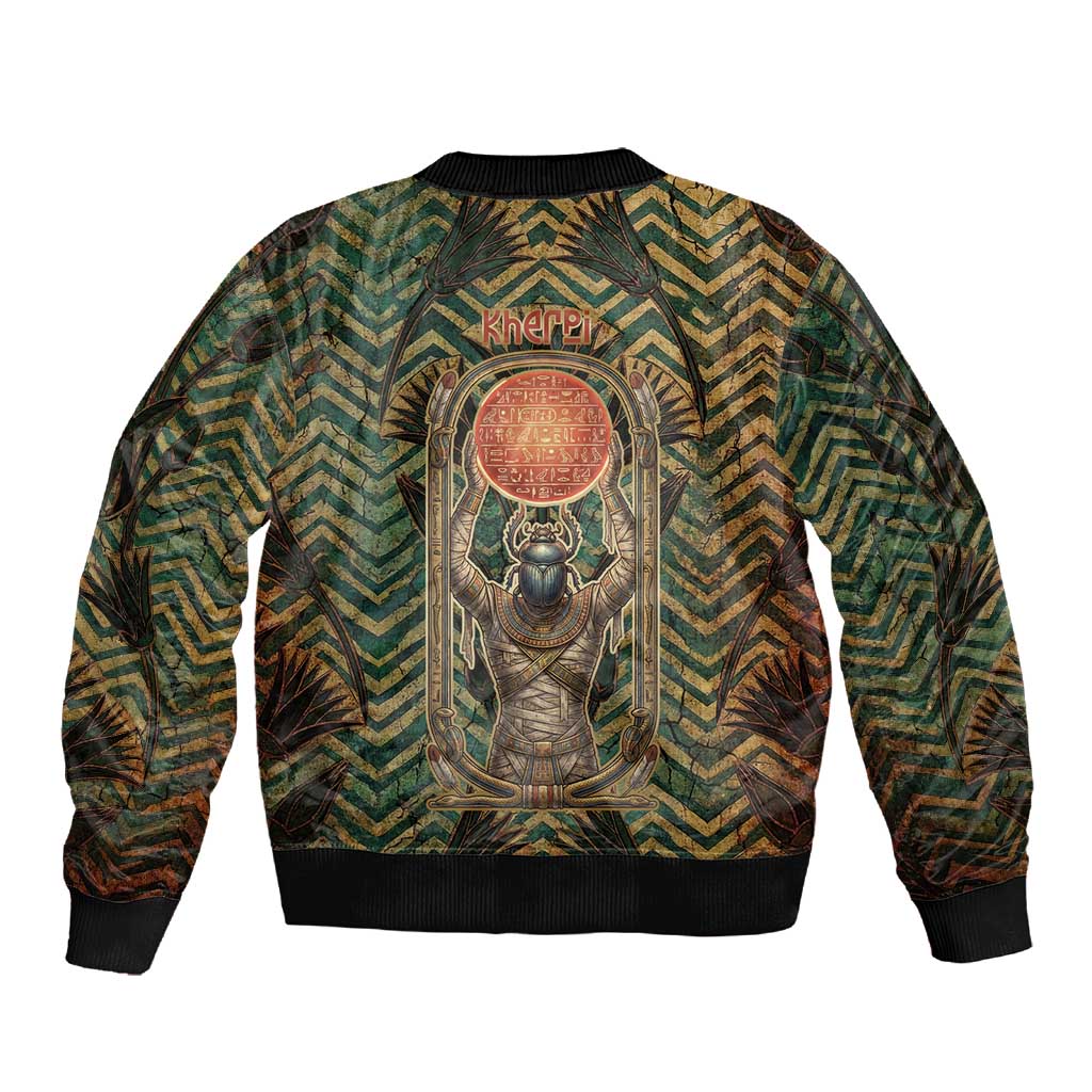 Khepri Sleeve Zip Bomber Jacket Ancient Egyptian Chevron, Scarab Ankh and Winged Khepri Guardian Motif - Wonder Print Shop