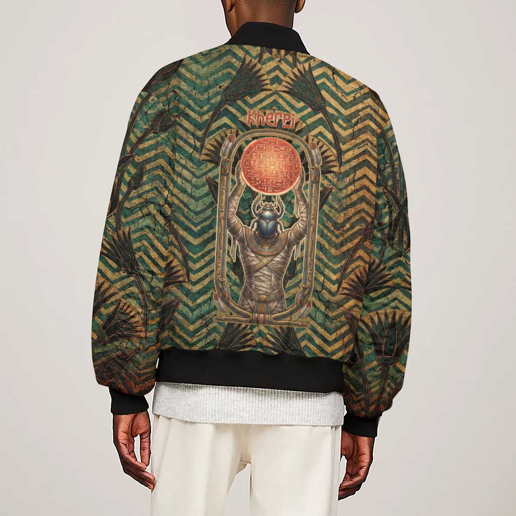 Khepri Sleeve Zip Bomber Jacket Ancient Egyptian Chevron, Scarab Ankh and Winged Khepri Guardian Motif - Wonder Print Shop