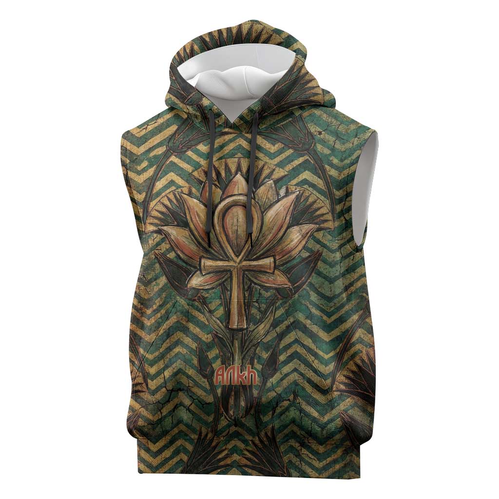 Khepri Sleeveless Hoodie Ancient Egyptian Chevron, Scarab Ankh and Winged Khepri Guardian Motif - Wonder Print Shop