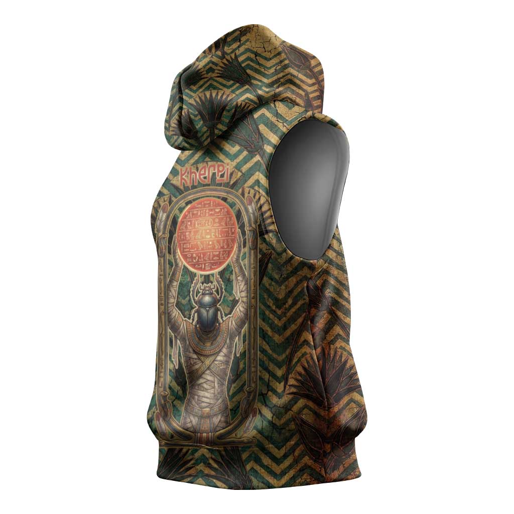 Khepri Sleeveless Hoodie Ancient Egyptian Chevron, Scarab Ankh and Winged Khepri Guardian Motif - Wonder Print Shop