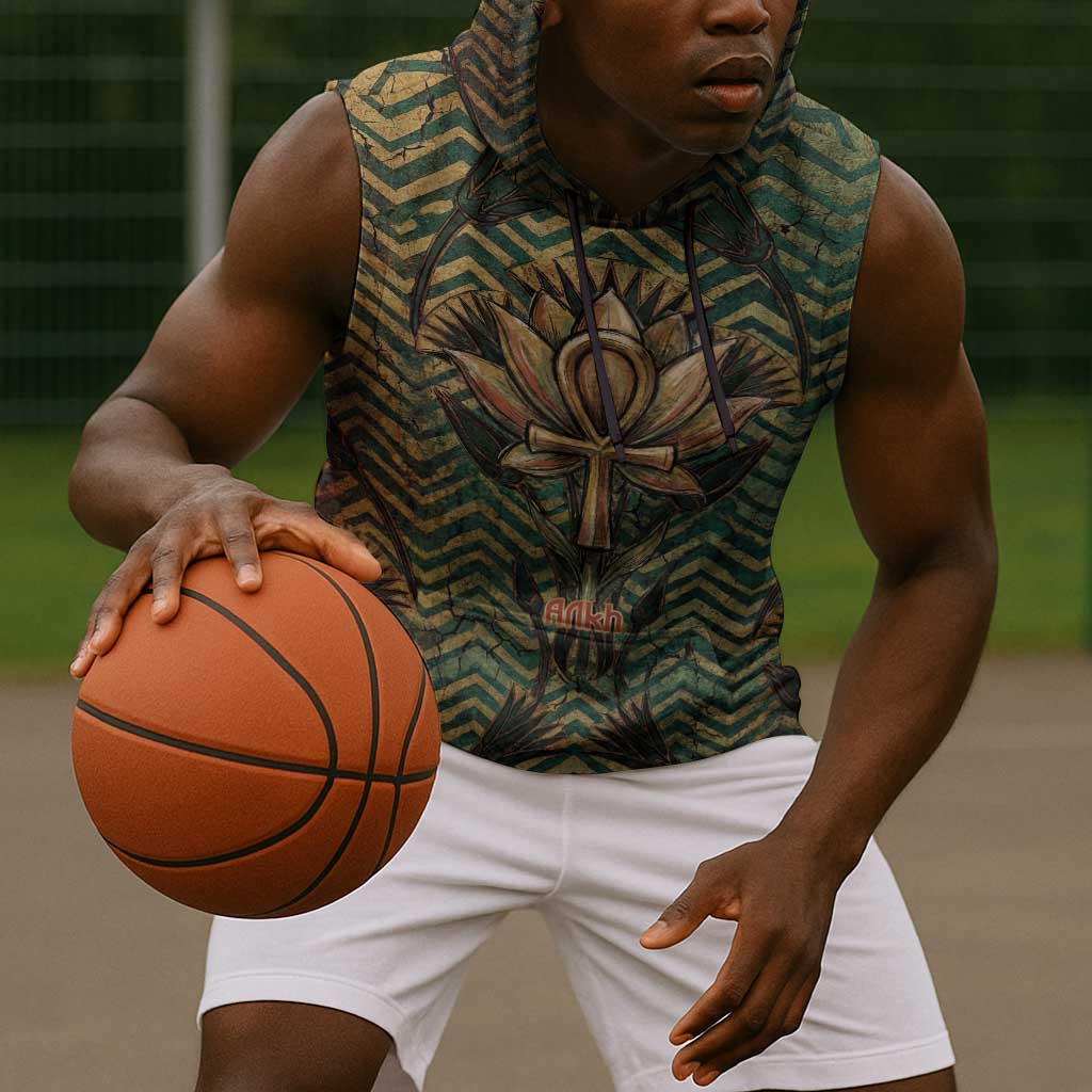 Khepri Sleeveless Hoodie Ancient Egyptian Chevron, Scarab Ankh and Winged Khepri Guardian Motif - Wonder Print Shop