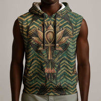 Khepri Sleeveless Hoodie Ancient Egyptian Chevron, Scarab Ankh and Winged Khepri Guardian Motif - Wonder Print Shop