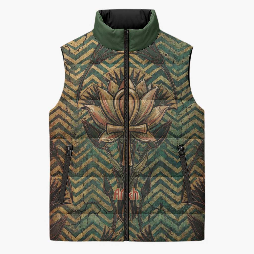 Khepri Sleeveless Puffer Jacket Ancient Egyptian Chevron, Scarab Ankh and Winged Khepri Guardian Motif - Wonder Print Shop
