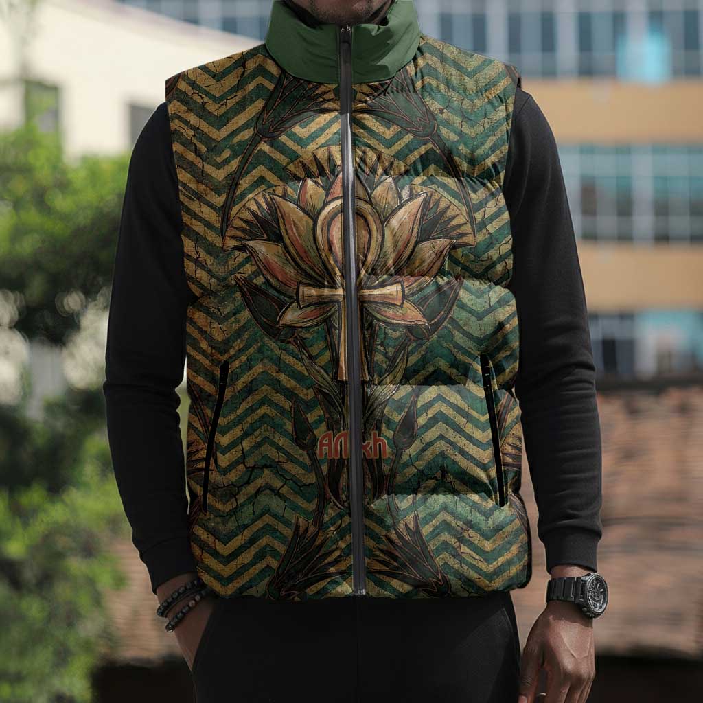 Khepri Sleeveless Puffer Jacket Ancient Egyptian Chevron, Scarab Ankh and Winged Khepri Guardian Motif - Wonder Print Shop