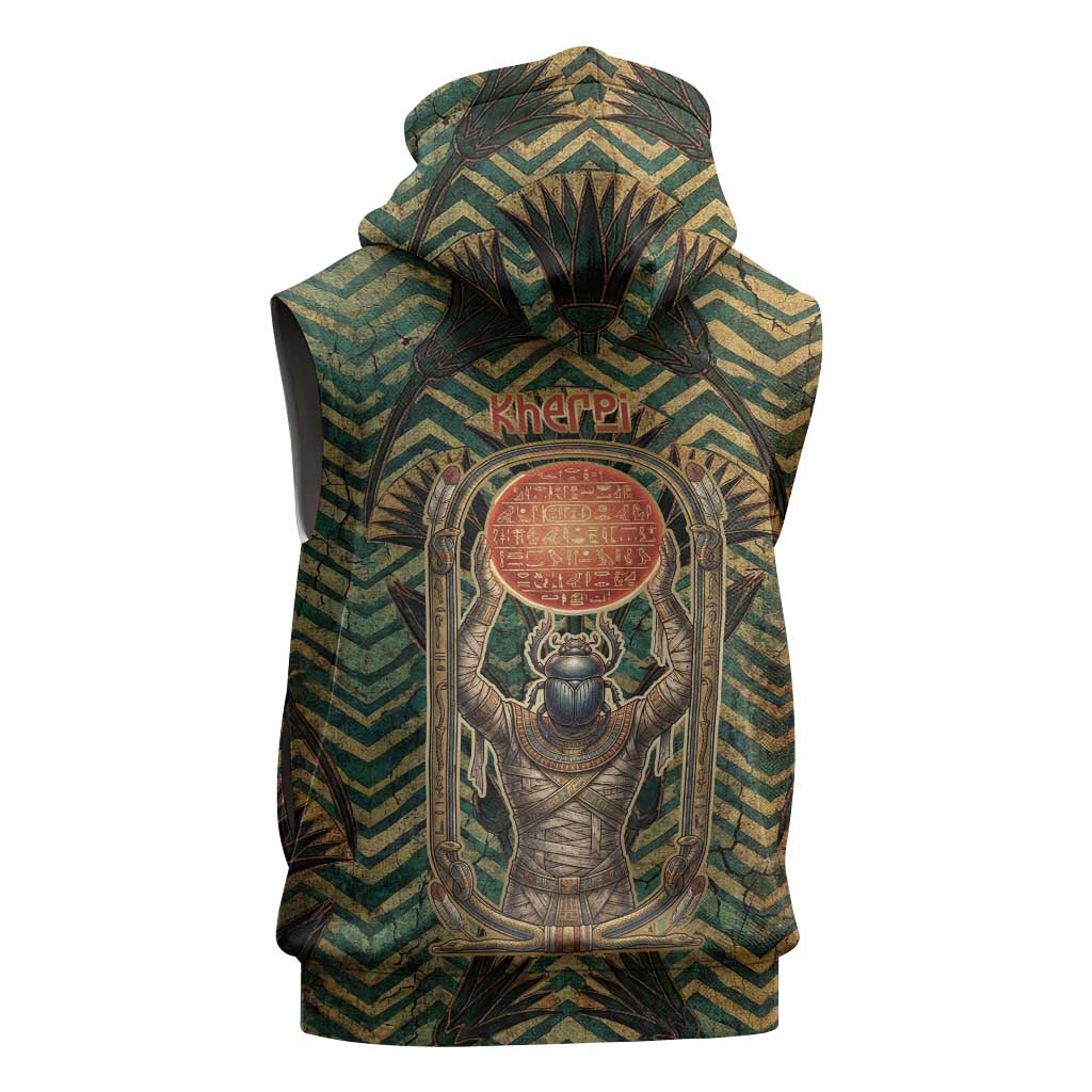 Khepri Sleeveless Zip Hoodie Ancient Egyptian Chevron, Scarab Ankh and Winged Khepri Guardian Motif - Wonder Print Shop