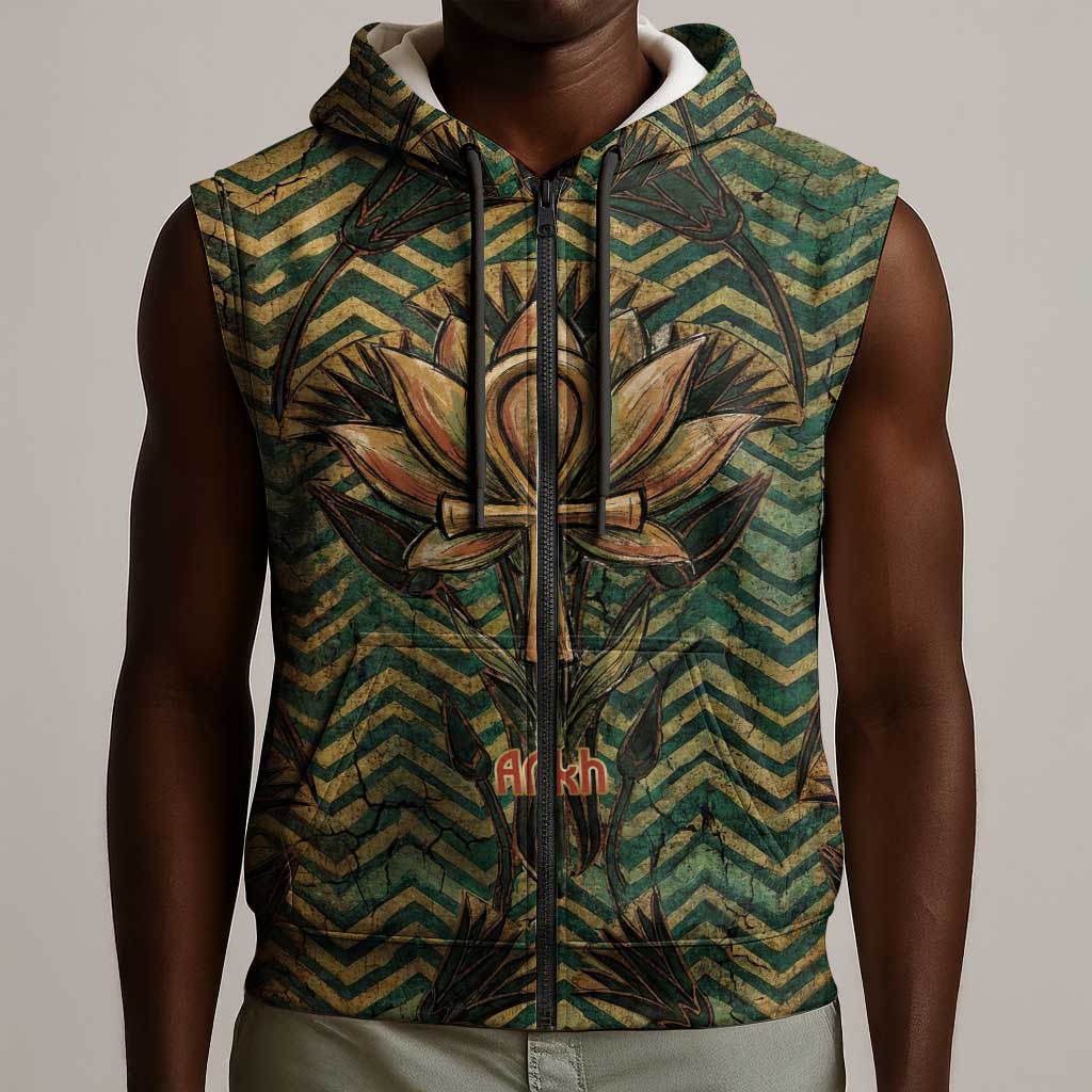 Khepri Sleeveless Zip Hoodie Ancient Egyptian Chevron, Scarab Ankh and Winged Khepri Guardian Motif - Wonder Print Shop