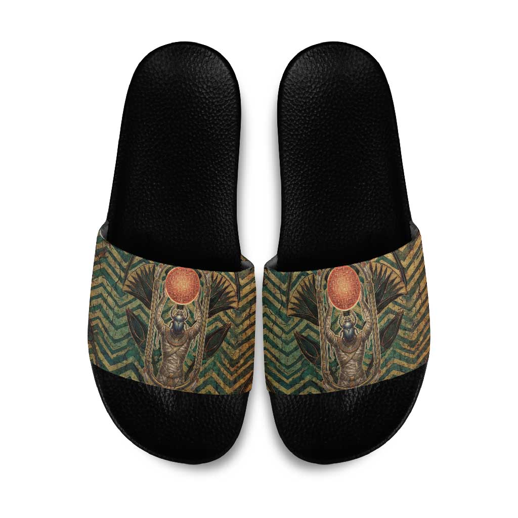 Khepri Slide Sandals Ancient Egyptian Chevron, Scarab Ankh and Winged Khepri Guardian Motif - Wonder Print Shop