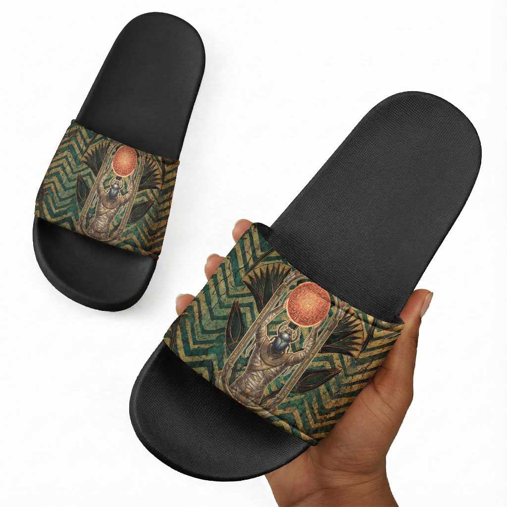 Khepri Slide Sandals Ancient Egyptian Chevron, Scarab Ankh and Winged Khepri Guardian Motif - Wonder Print Shop