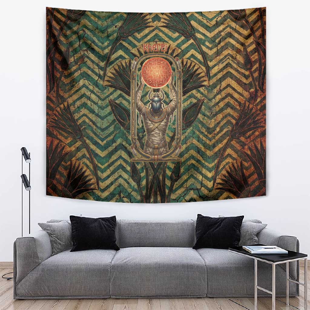Khepri Tapestry Ancient Egyptian Chevron, Scarab Ankh and Winged Khepri Guardian Motif - Wonder Print Shop