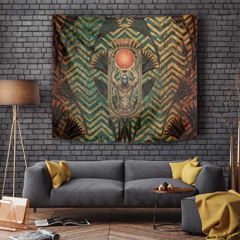 Khepri Tapestry Ancient Egyptian Chevron, Scarab Ankh and Winged Khepri Guardian Motif - Wonder Print Shop