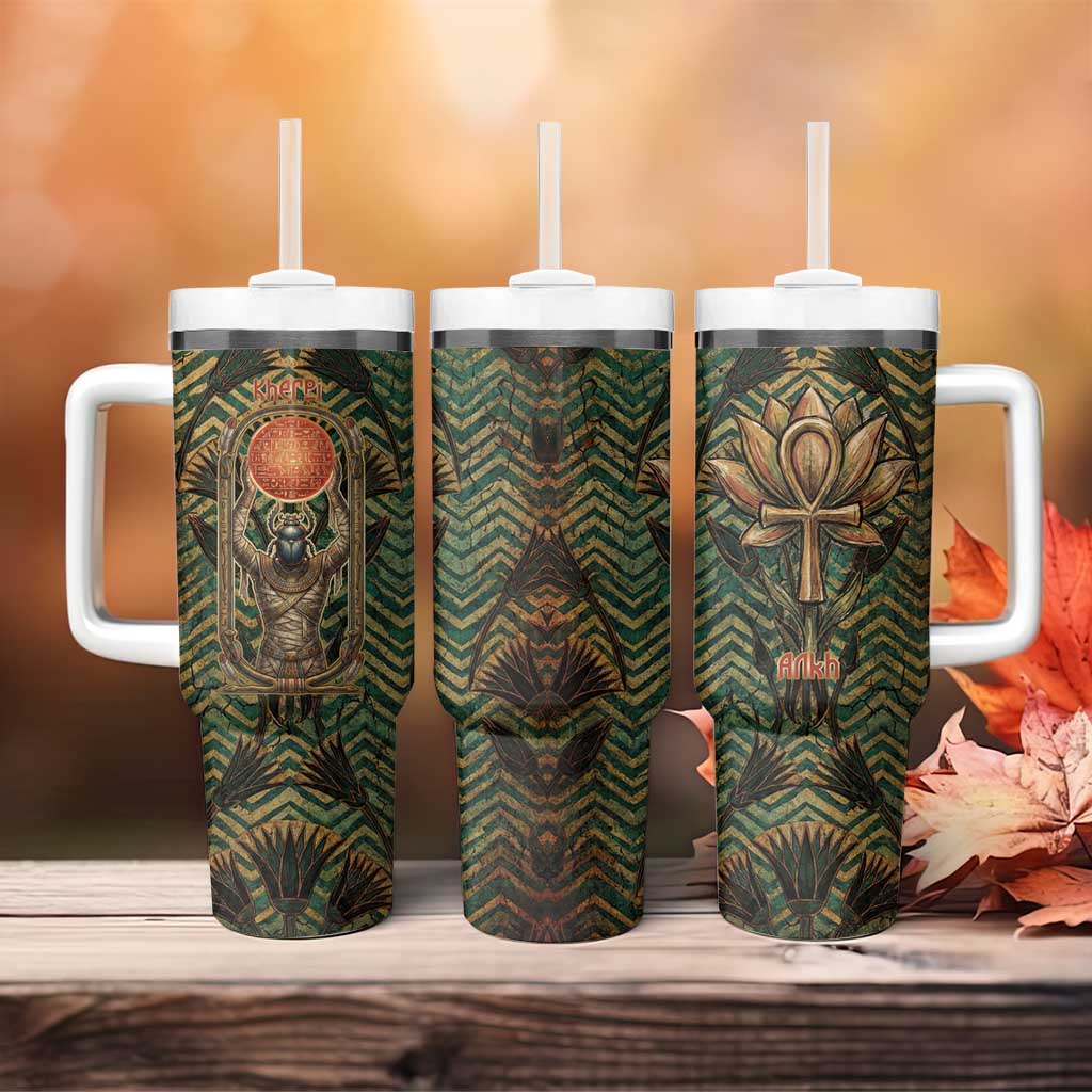 Khepri Tumbler With Handle Ancient Egyptian Chevron, Scarab Ankh and Winged Khepri Guardian Motif - Wonder Print Shop