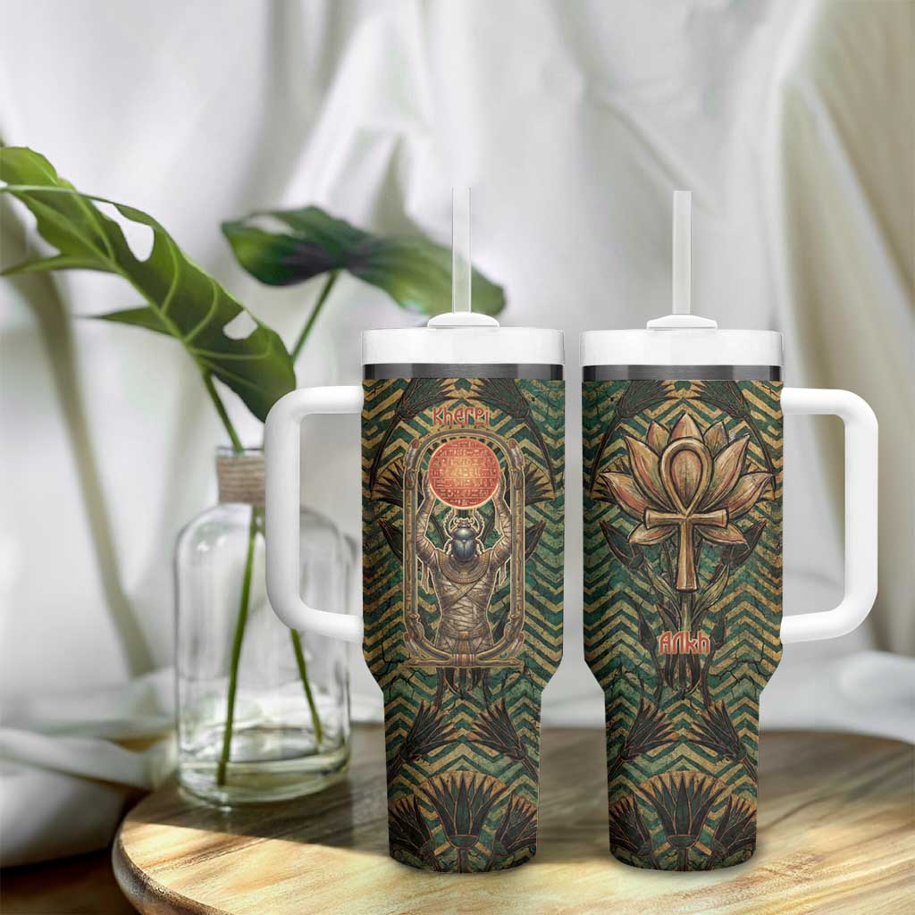Khepri Tumbler With Handle Ancient Egyptian Chevron, Scarab Ankh and Winged Khepri Guardian Motif - Wonder Print Shop