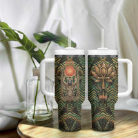 Khepri Tumbler With Handle Ancient Egyptian Chevron, Scarab Ankh and Winged Khepri Guardian Motif - Wonder Print Shop