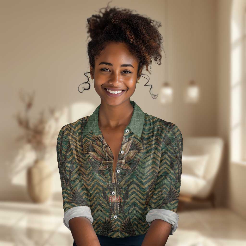 Khepri Women Casual Shirt Ancient Egyptian Chevron, Scarab Ankh and Winged Khepri Guardian Motif - Wonder Print Shop