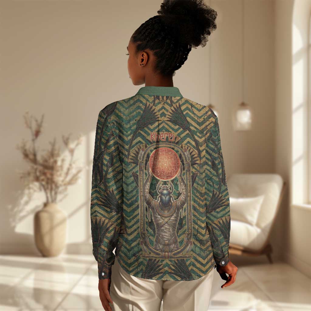 Khepri Women Casual Shirt Ancient Egyptian Chevron, Scarab Ankh and Winged Khepri Guardian Motif - Wonder Print Shop