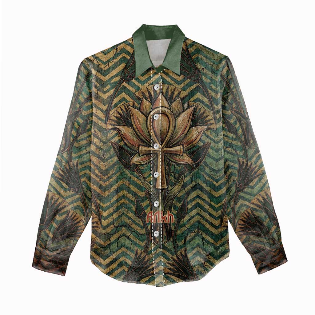 Khepri Women Casual Shirt Ancient Egyptian Chevron, Scarab Ankh and Winged Khepri Guardian Motif - Wonder Print Shop